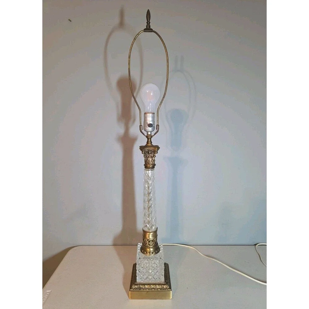 Heavy Vtg Diamond Cut Crystal Glass Table Lamp Hollywood Regency Loevsky Style